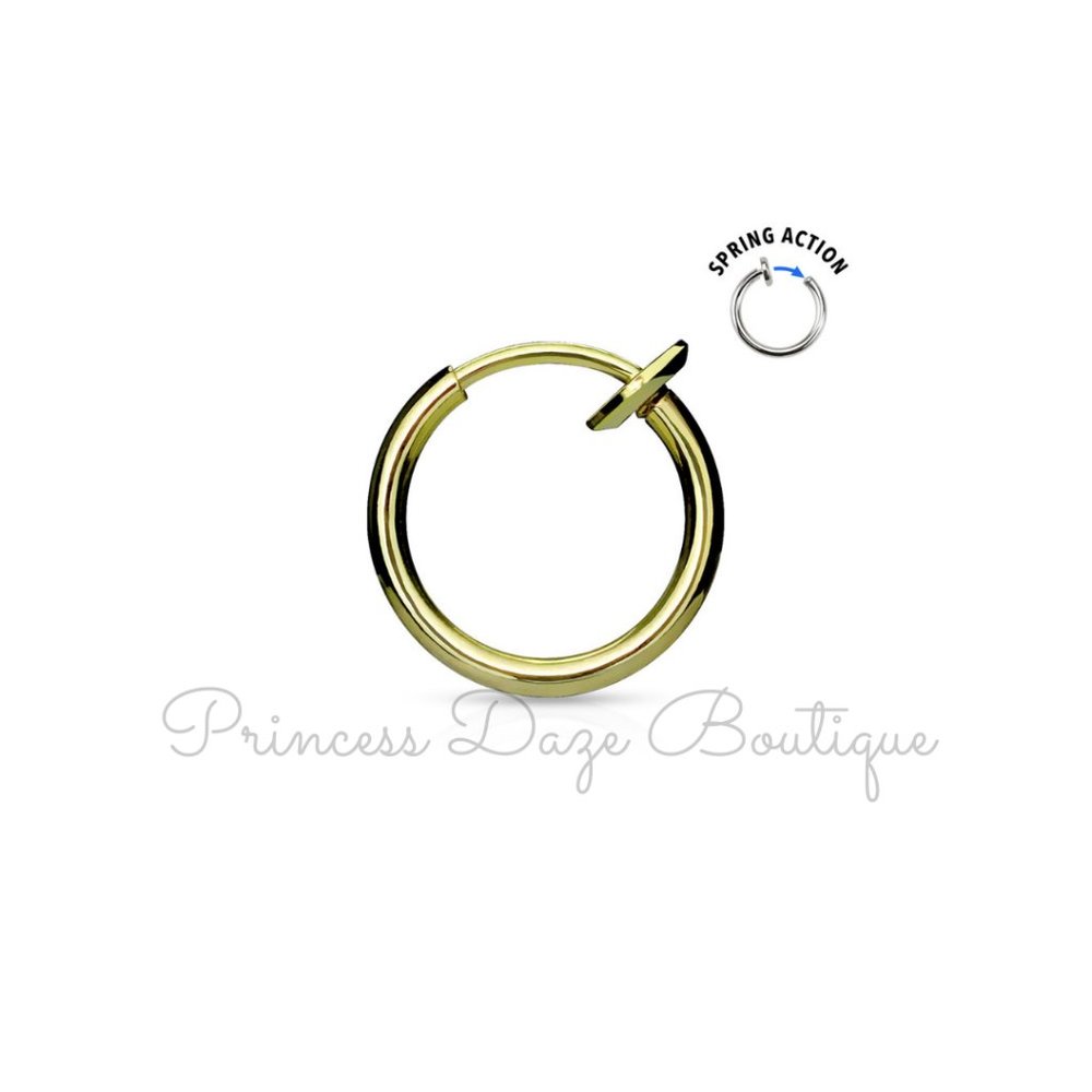 Gold Spring Action Non-Piercing Septum, Ear, Nose Hoop and Cartilage Earring